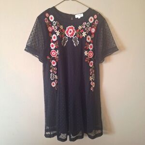 Umgee Black Embroidered Floral Polka Dot Sheer Layer Mini Dress Sz M